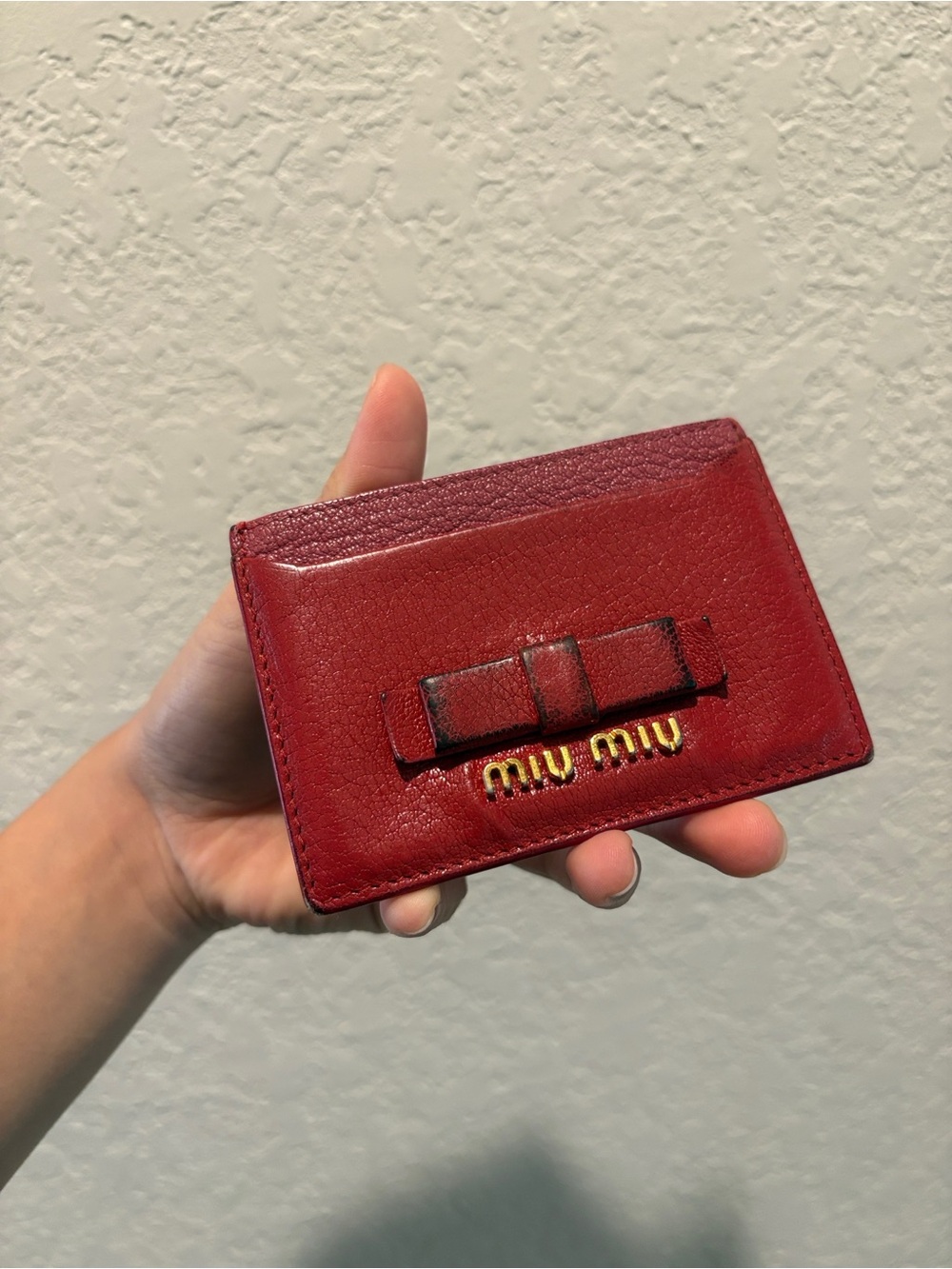 Miu Miu Red Leather Bow Card Case with Gold Logo